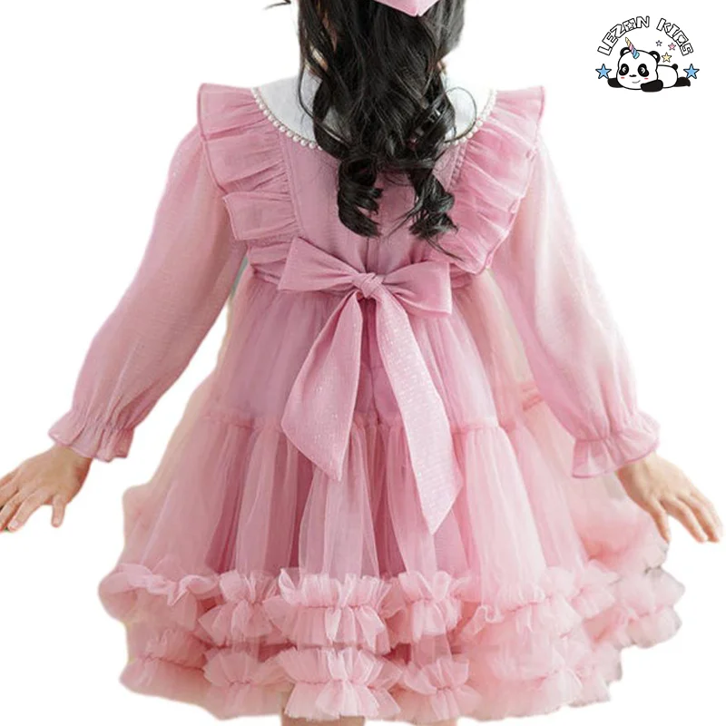 LEZONKIDS - Vestidos de tule rosa de manga longa com laço personalizável boutique para meninas, vestidos de princesa de tule para festa de aniversário